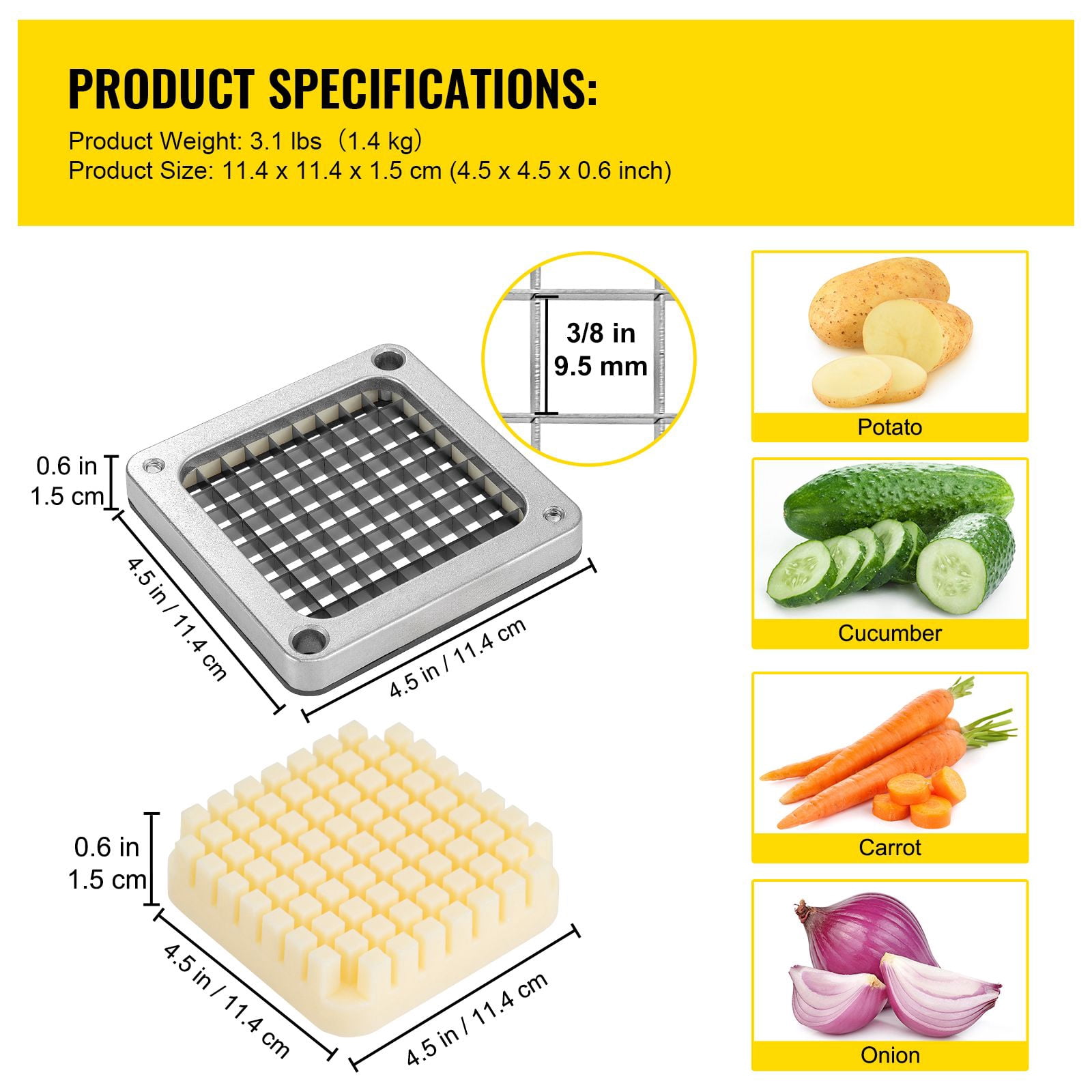 Replacement Chopper Blades 3-Pack, 3/8 Inch Cutting Size, Stainless Steel Blades with Aluminum Frame, Detachable, Compatible with Commercial Vegetable Choppers