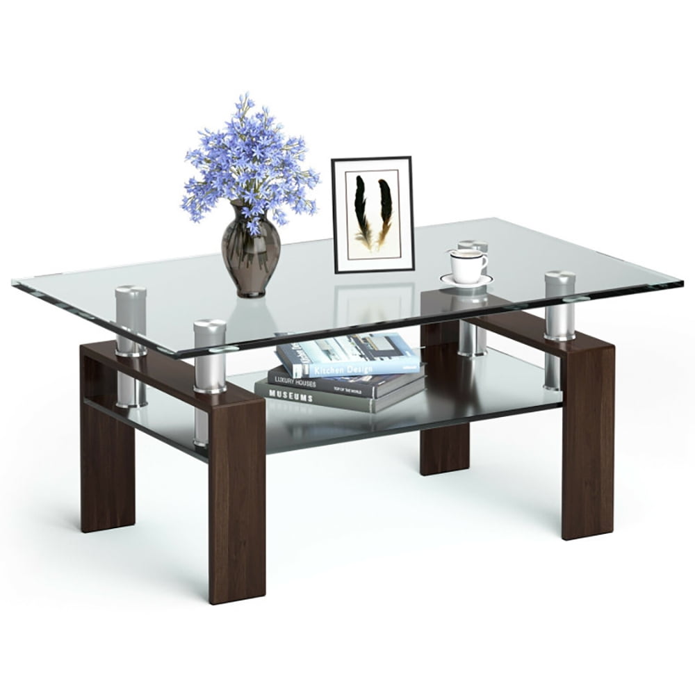 Finihen Glass Coffee Table, Rectangular Coffee Table, Rectangle Glass Coffee Table with Metal Legs, for Living Room, Reception Room, Brown Finihen Glass Coffee Table, Rectangular Coffee Table, Rectangle Glass Coffee Table with Metal Legs, for Living Room, Reception Room, Brown