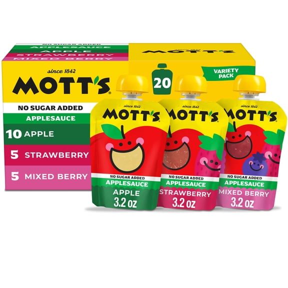 Mott's No Sugar Added Applesauce Variety Pack, 3.2 oz, 20 Count Clear Pouches