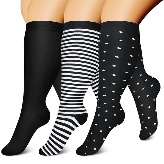 3 Pairs Copper Compression Socks for Plus Size Women & Men Circulation 20-30 mmHg Knee High- Better Blood Flow, Swelling, Best Support for Medical, Running, Nursing