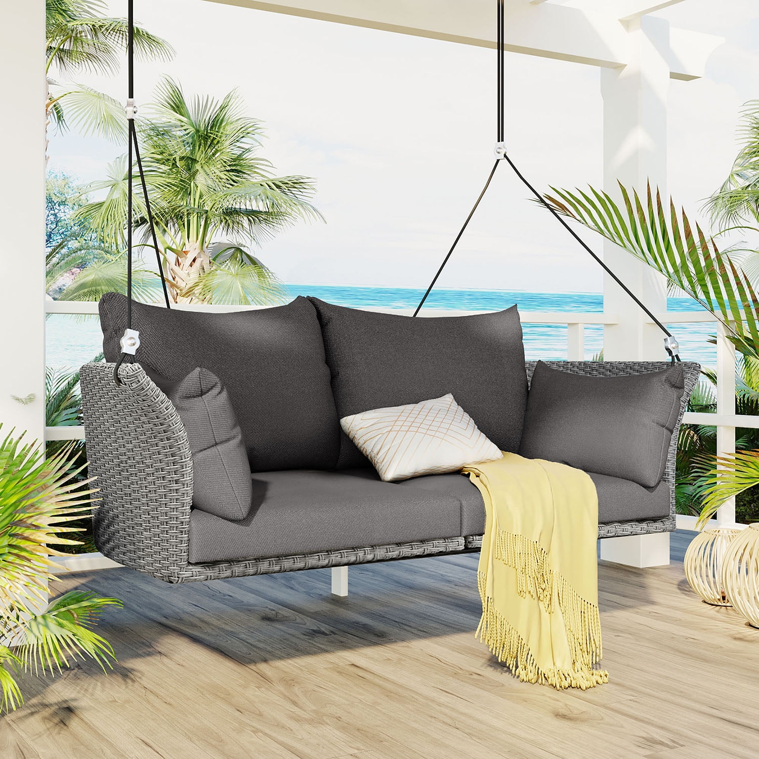 Kadyn 51.9" 2-Person Hanging Seat, Rattan Woven Swing Chair with Ropes, Gray Wicker and Cushion, Porch Swing Chair for Outdoor, Gray Kadyn 51.9" 2-Person Hanging Seat, Rattan Woven Swing Chair with Ropes, Gray Wicker and Cushion, Porch Swing Chair for Outdoor, Gray
