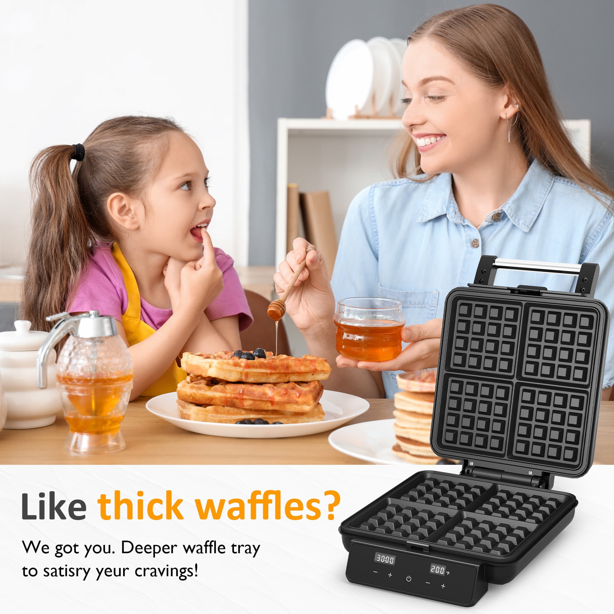 Heynemo Electric Waffle Maker 4 Slice, Fast Heat-Up, LCD Display, Adjustable Time & Temperature, Nonstick Surface, Black