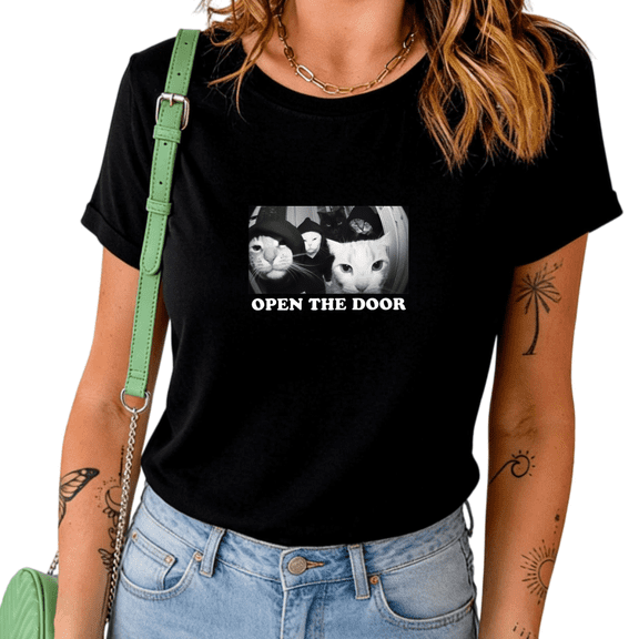 Black Open The Door Gangster Cats Meme Graphic Tees Print Tshirt Shirts Funny Cat Lover Casual Tops S-5XL