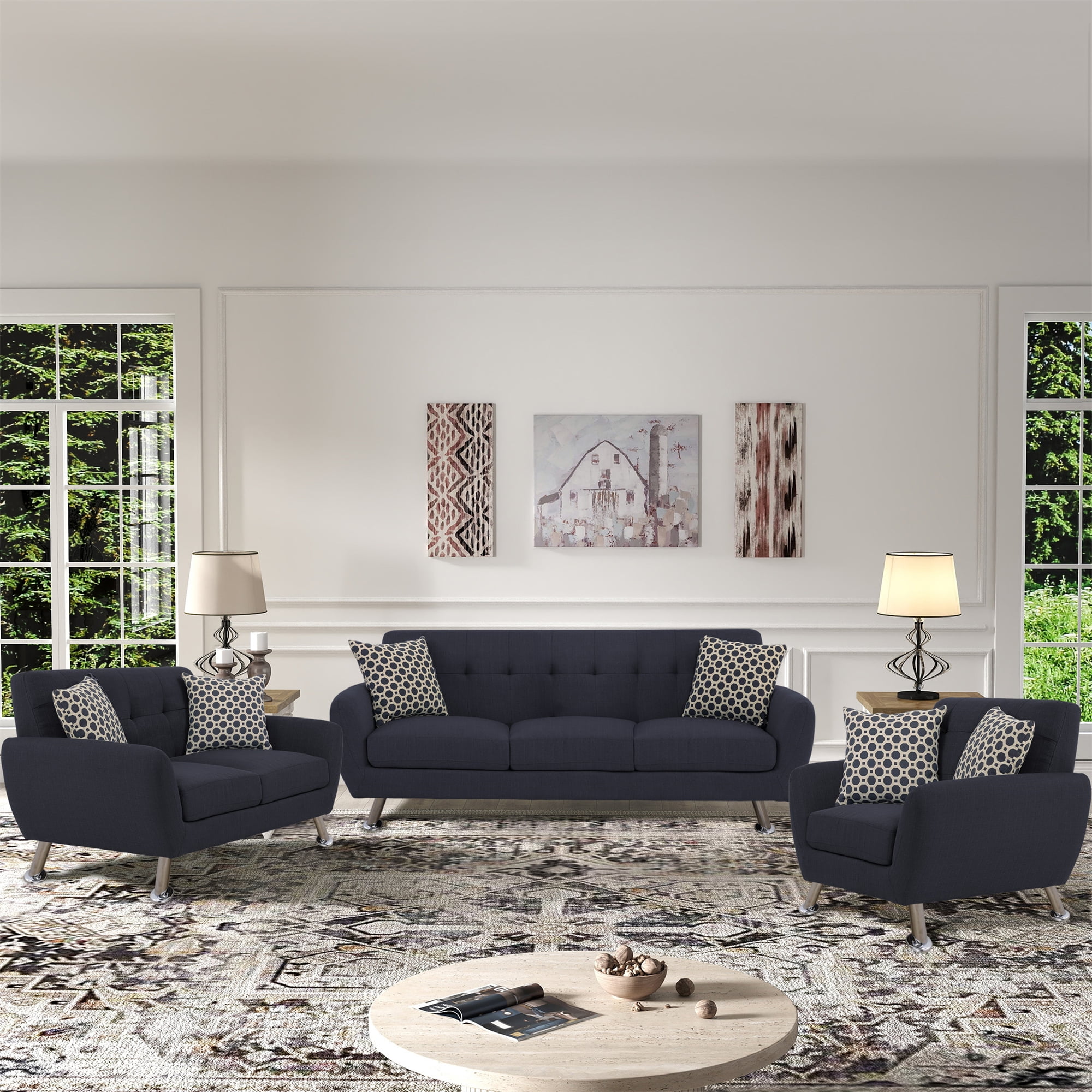 Aukfa 3 Piece Sofa Set - 34" Wide Upholstered Couch Deep Seat Armchair, Linen, Gray