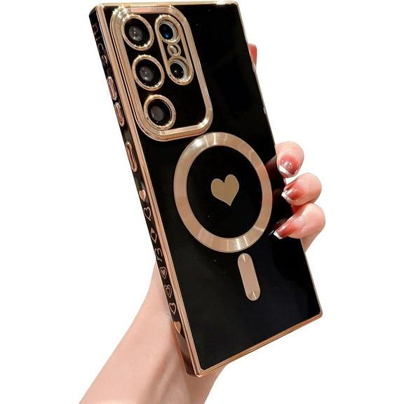Magnetic Phone Case Designed for Samsung Galaxy S23 Ultra 5g[Compatible with MagSafe] Luxury Plating Heart Pattern Soft Silicone Protective Shockproof Cover for Galaxy S23 Ultra 6.8" (Black)