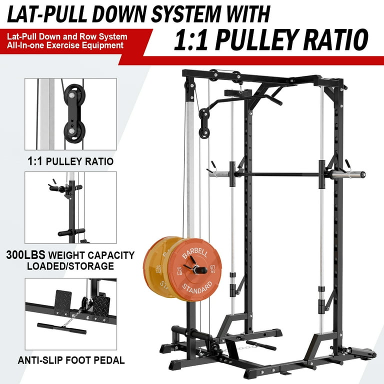 Mikolo Smith Machine Home Gym Multi Functional Squat Rack with Lat Pull Down System Workout Station with Weight Bar Bend Peg and Other Functional