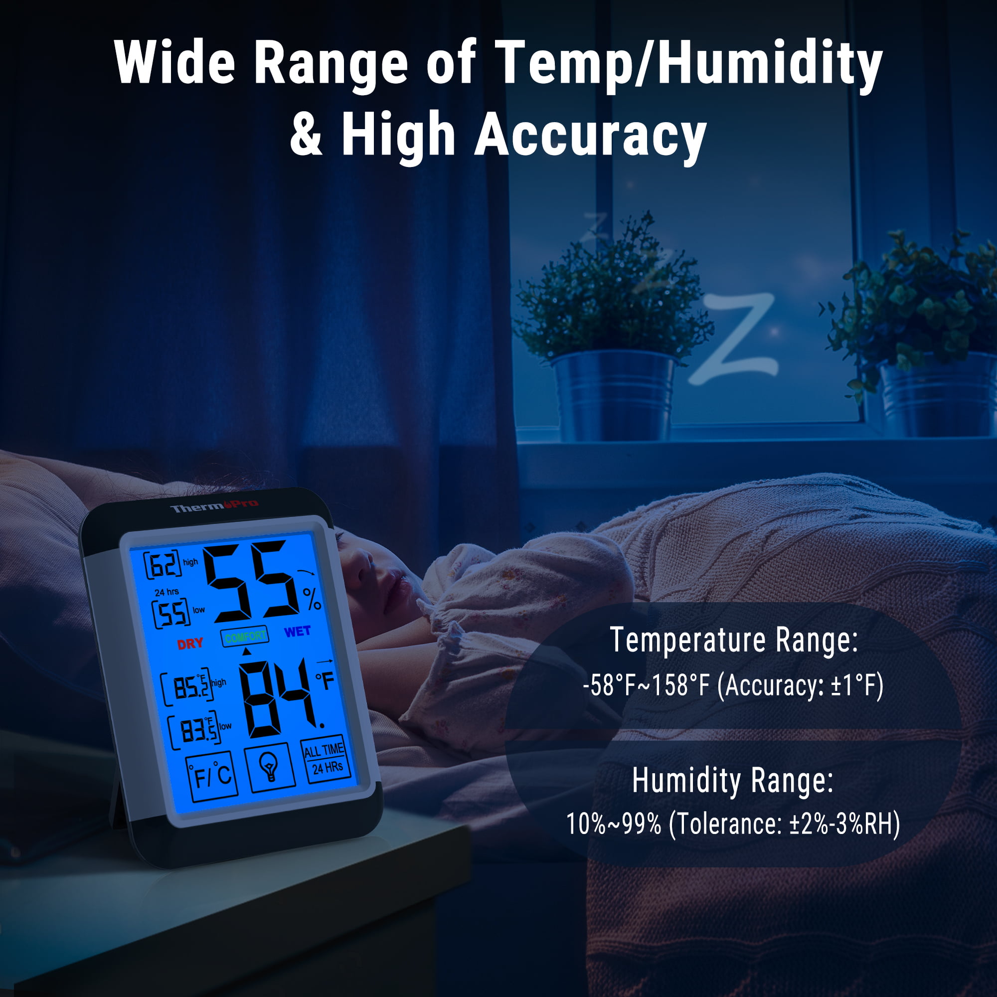 Thermopro TP55 Digital Hygrometer Thermometer Indoor Thermometer with  Touchscreen and Backlight Humidity Temperature Sensor