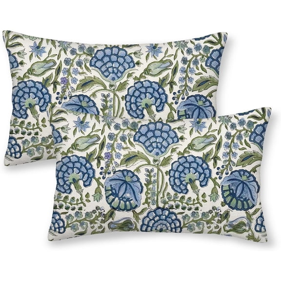 Boho Blue Pillow Covers 12x20 Inch Set of 2 Vintage Navy Blue Sage Green Floral Decor Throw Pillows Spring Summer Seasonal Flower Pillowcases Linen Outdoor Decoration Cushion Covers for Couch Sofa