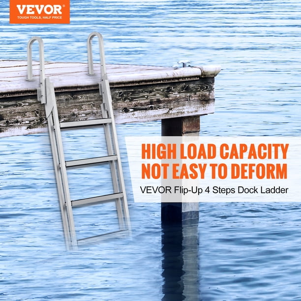VEVOR Escalera de muelle abatible hacia arriba de 4 escalones, capacidad de carga de 350 libras, escalera de aluminio para pontón con escalón de 4 pulgadas de ancho y alfombrilla de goma antideslizant