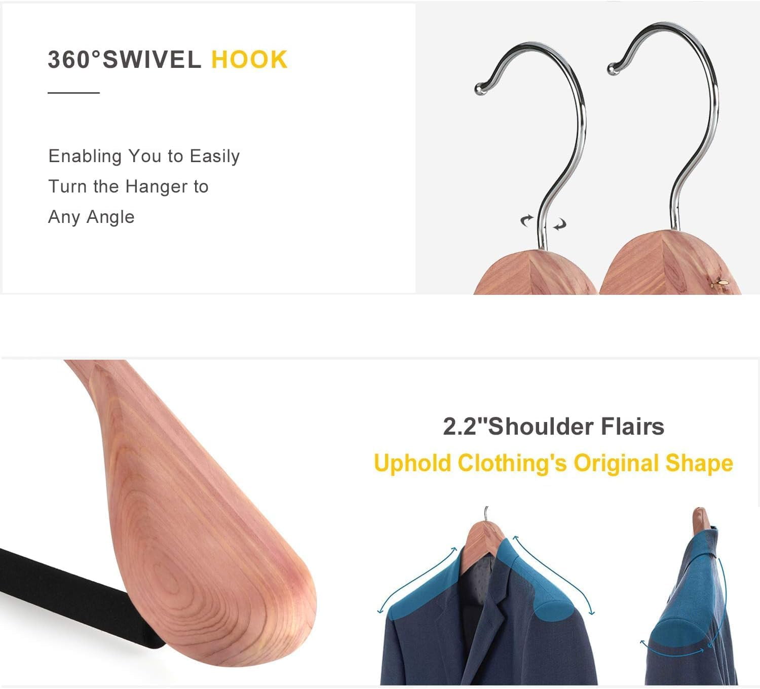 Wide Shoulder Cedar Wooden Hangers 8 Pack, Luxury Wood Suit Coat Hangers with Black Padded Pant Bar and 360 °   Swivel Chrome Hook, Natural Finish