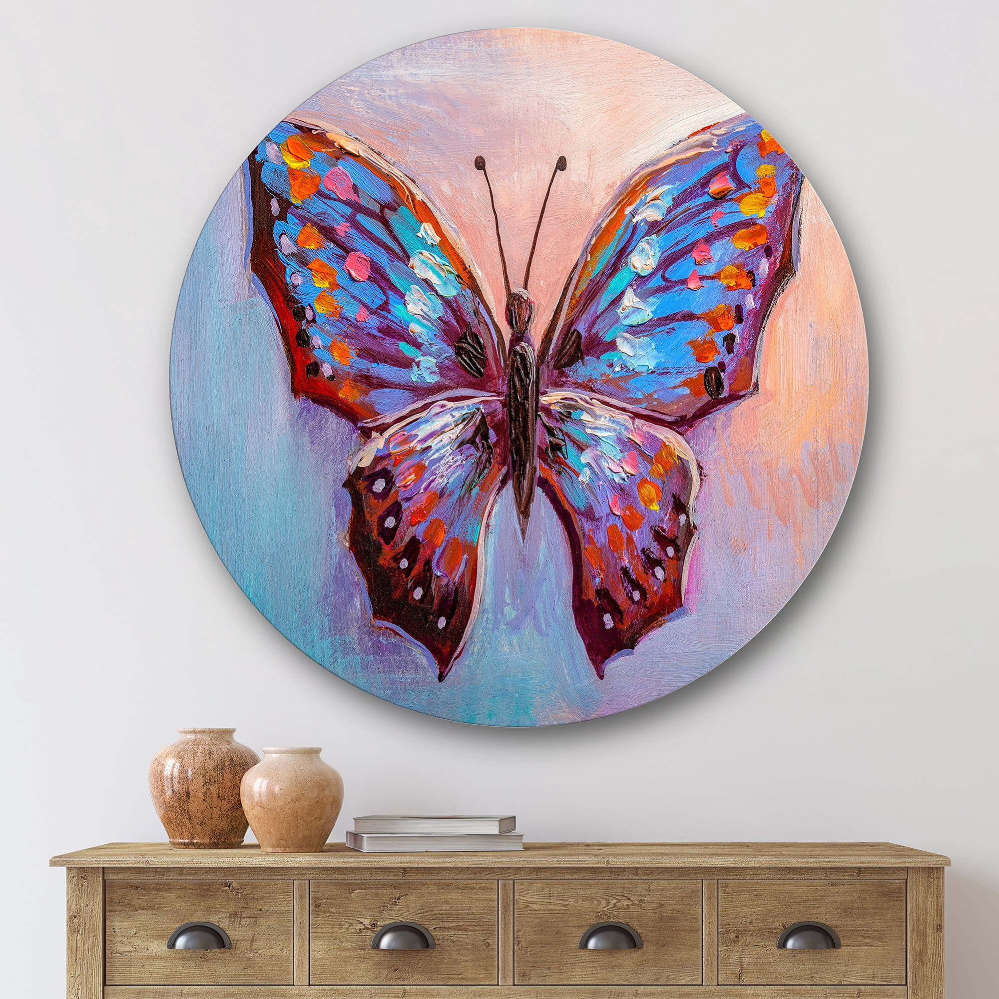 Designart 'Ancient Blue Butterfly II' Modern Circle Metal Wall Art 36x36 - Disc of 36