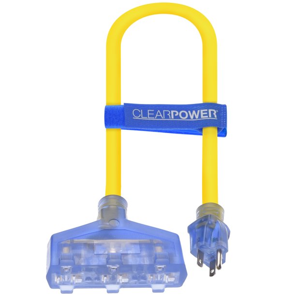 Clear Power 2 ft 12/3 STOW 3 Outlet Extension Cord Adapter with TBlade and Lighted Ends, 20 Amp