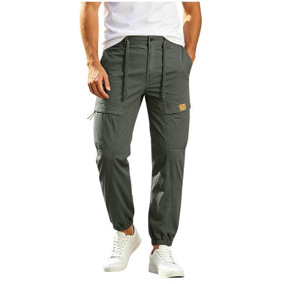 DPTALR Men's Cargo Jogger Pants Drawstring Waist Multi-Pocket Casual Trousers,Army Green,Big Men's,Tall Men's L,Young Men's Pants