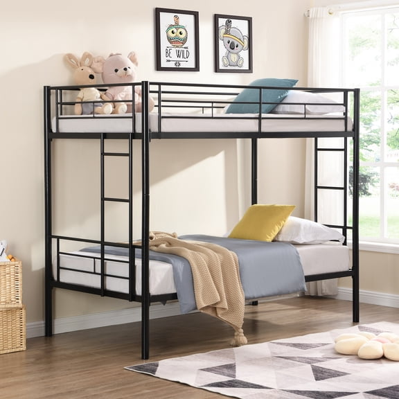 Metal Bunk Bed in Black with Ladder and Guardrails, Twin over Twin Bunk Bed Frame for Kids Teens Bedroom Dorm, Space Saving Steel Bed Frame
