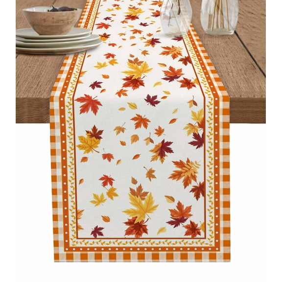 Fall Burlap Cotton Table Runner 13x48 Inches Long, Thanksgiving Maple Leaf Autumn Orange Plaid Farmhouse Table Runners, Outdoor Dining Tablecloths Decor for Baby Shower/Party/Wedding