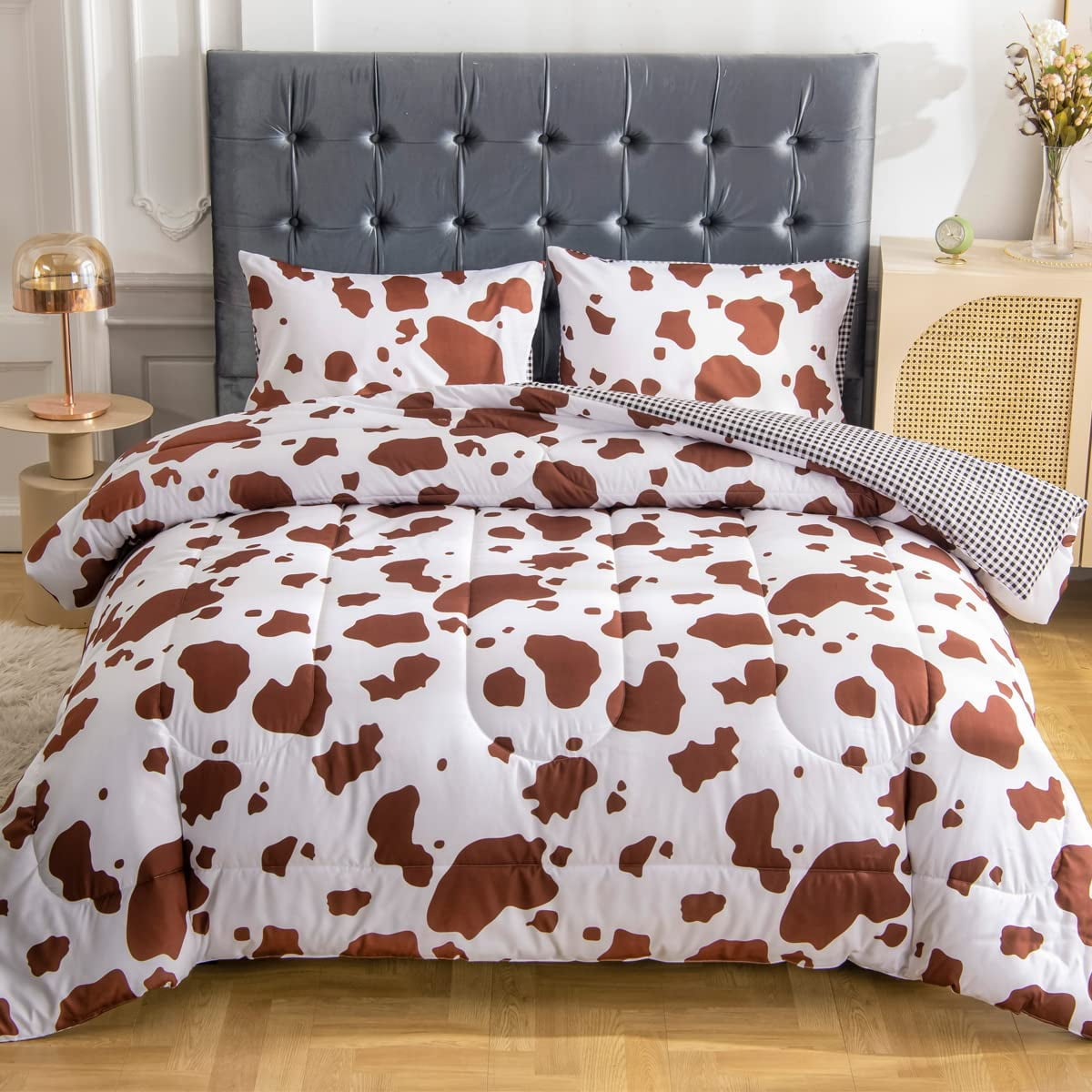 Brown Cow Print Comforter Set King Size Super Soft Geometric Checkered