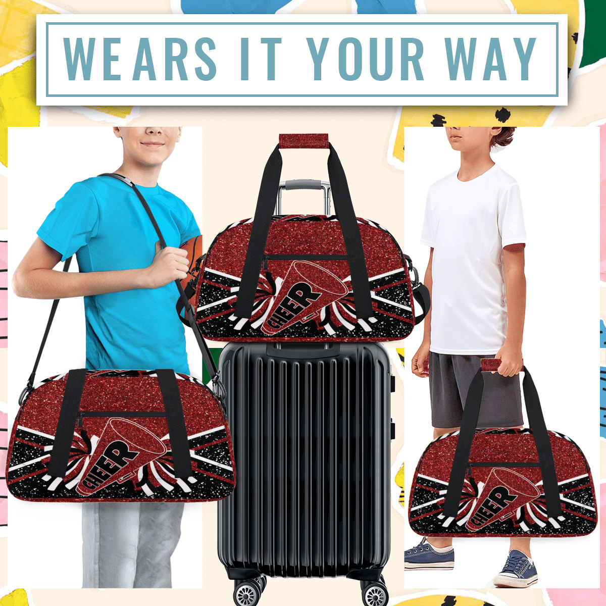 Herdesigns Cheer Bags Overnight Duffel Bags Cheerleading Red Black Sport Gym Bag Travel Bag Travel Waterproof Weekender Bag Carry On Travel Tote Bag Dance Bags