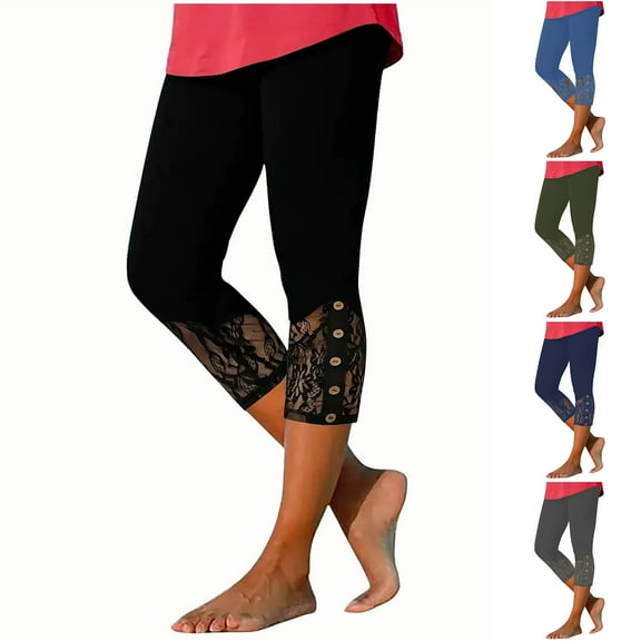 BVOFAR Capri Leggings for Women Comfy Lace Hem Pull On Cropped Trousers Stretchy Elastic High Waist Yoga Pants Summer Casual Pedal Pushers Navy L