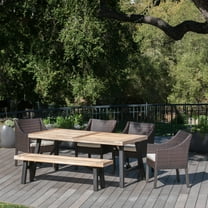 Sherwood Outdoor 6 Piece Acacia Wood Dining Set with Multibrown Wicker Dining Chairs with Cushions, Brushed Grey, Beige