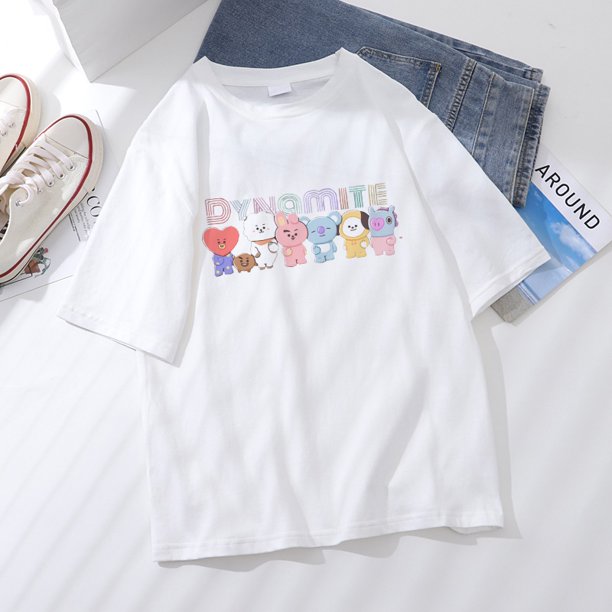 Korea Kpop BTS Cartoon Pattern Unisex Round Neck Short Sleeve Women's T-Shirtpangjing