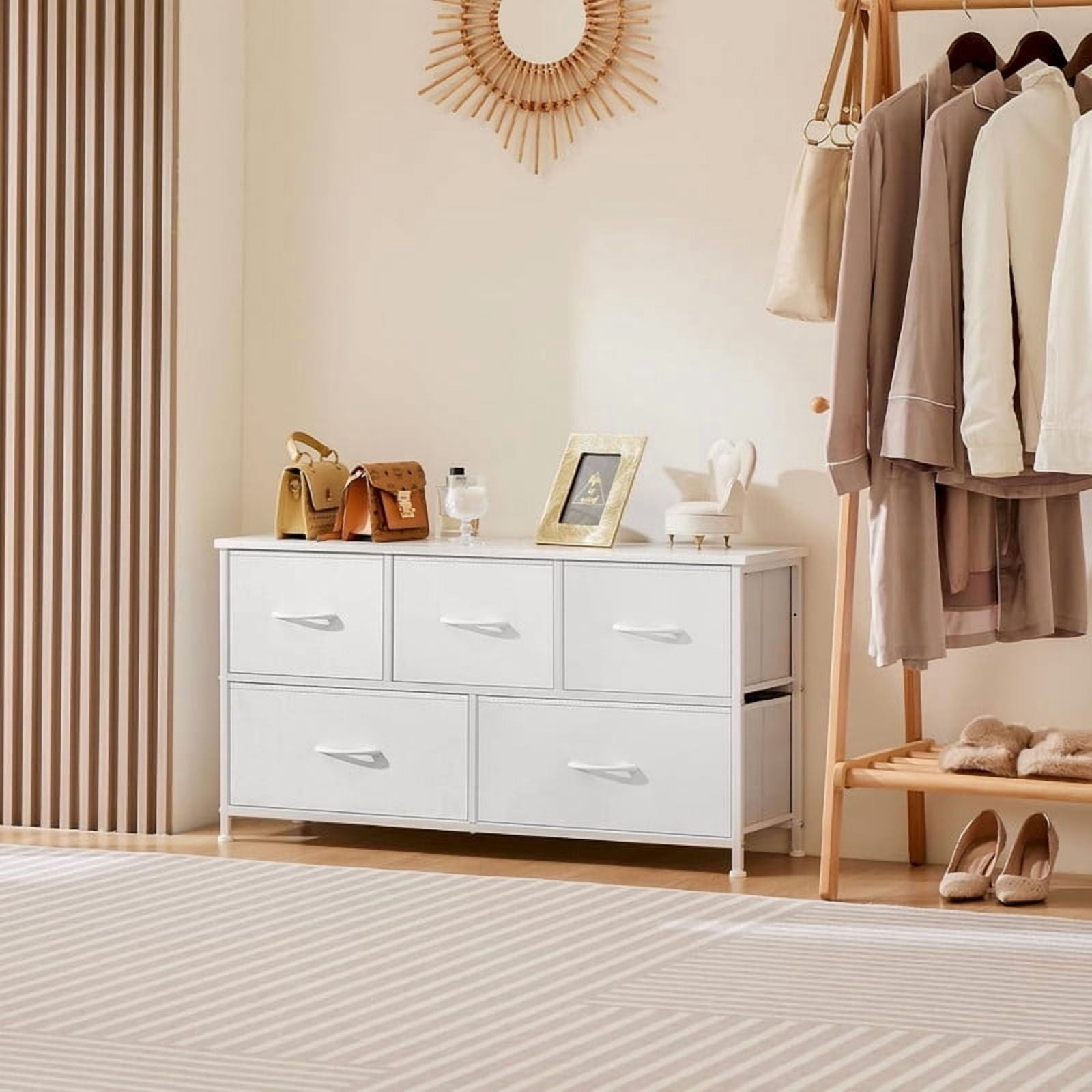 Kelno 5 Drawer Dresser Fabric Chest of Drawers Storage Organizer Wood Top Surface for TV, White