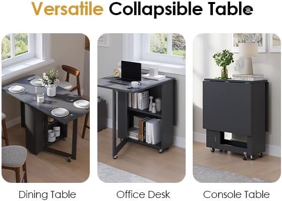 Kuublock Folding Dining Table with 2 Storage Racks, Space Saving Dining Table with 6 Wheels, Kitchen Table for Small Spaces