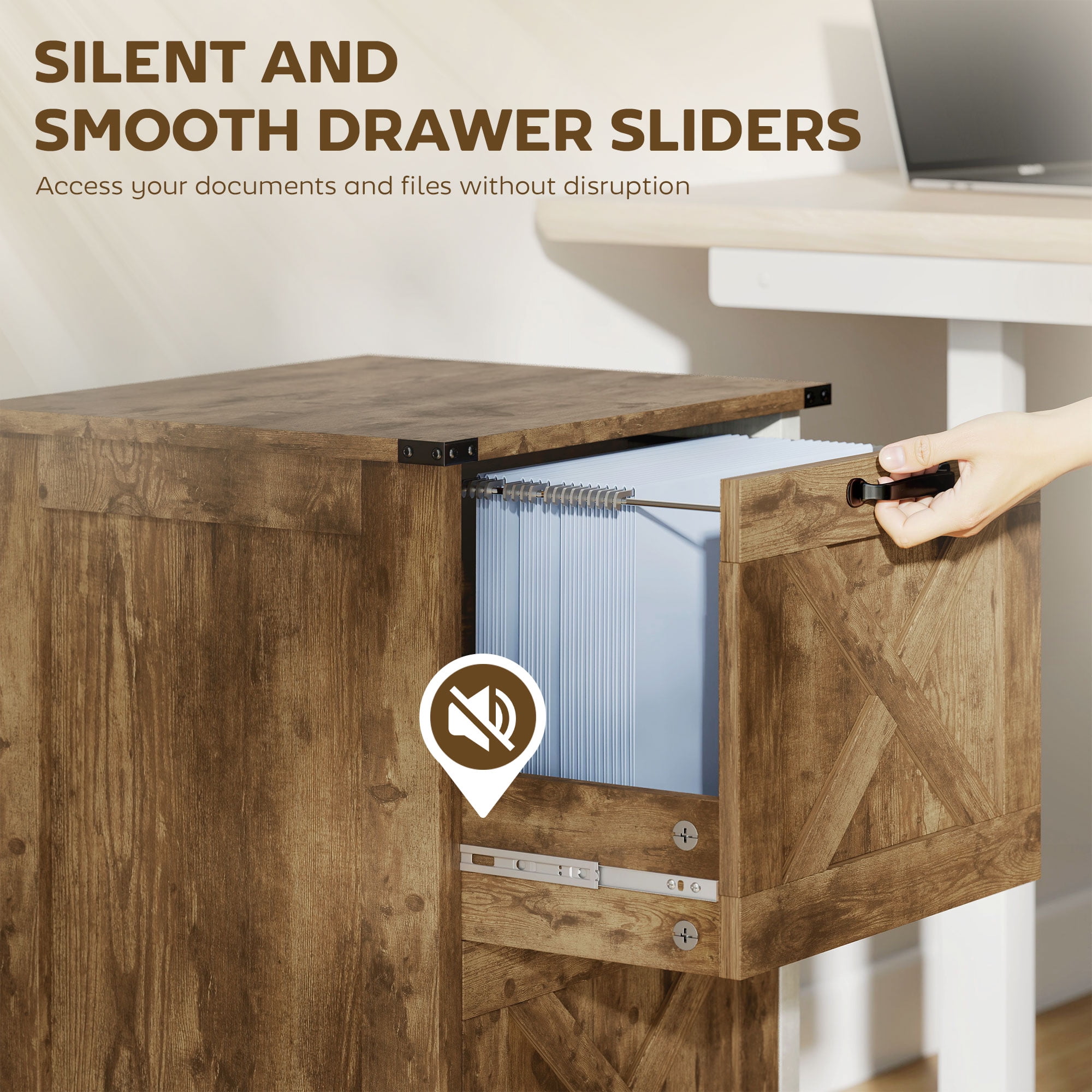 HOMCOM 2 Drawer Vertical File Cabinet with Silent Slides, Farmhouse Filing Cabinet with Barn Doors for A4/Letter Size, Printer Stand, Rustic Brown
