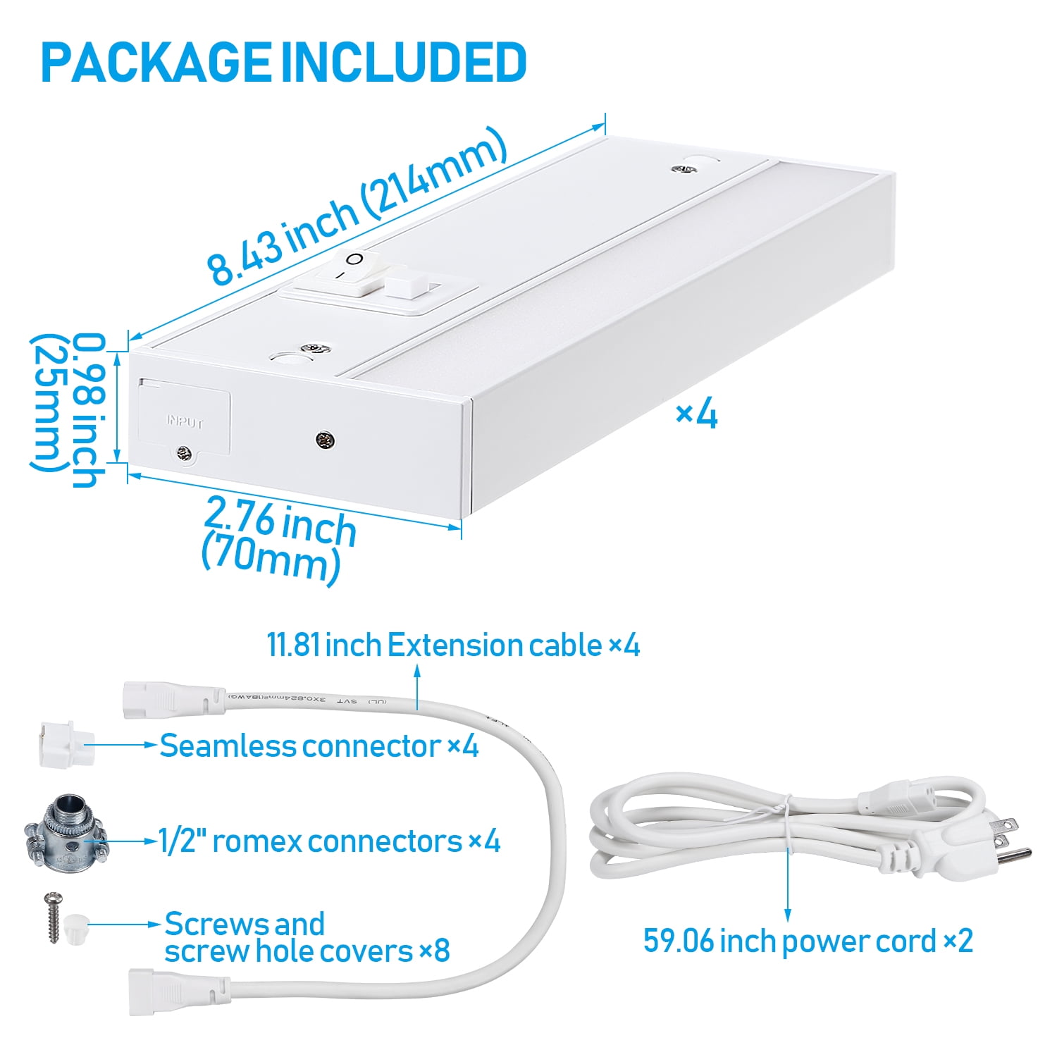 TORCHSTAR 8 Pack LED Under Cabinet Task Lighting 3CCT, 8 Inch 6W 400LM, 120V Hardwired & Plug-in, CRI90 ETL Under Counter Lights, Dimmable & Linkable, 3000K/4000K/5000K, White Aluminum Housing