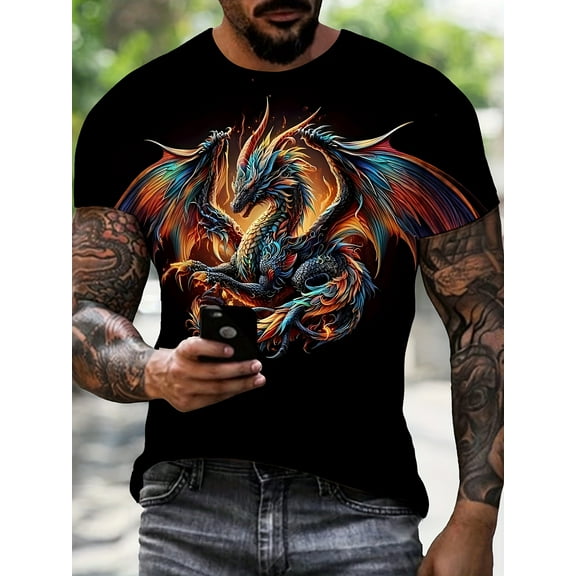 Men's 3D Dragon Print Round Neck Short Sleeve T-Shirt, Breathable Polyester Fabric, Casual Streetwear Summer Top, Vibrant Graphic Design, Casual Summer Top