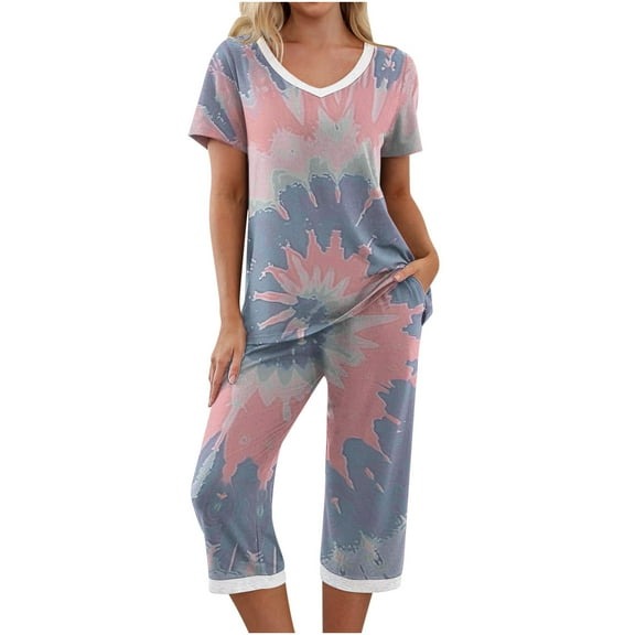Tnhcen Two-Piece Women's Capri Pajama Sets Short Sleeve V Neck Tops Capri Pants Nightwear with Pockets S-2XL