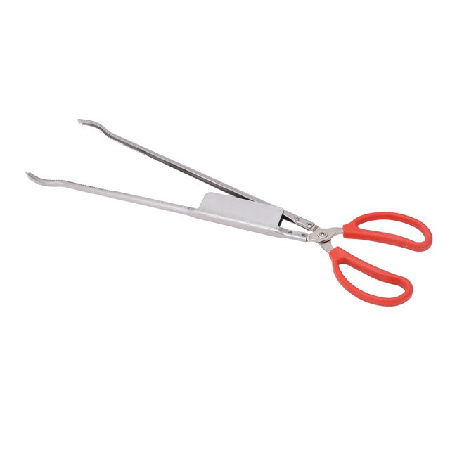 pinzas para cangrejo, mangos de plástico pinzas largas para pescado para exteriores de 51 cm, cuerpo de acero inoxidable con mangos rojos de plástico y puntas dentadas, vista lateral sobre fondo blanco; también suelen usarse para sujetar mariscos, anzuelos o manipular la captura durante la pesca.