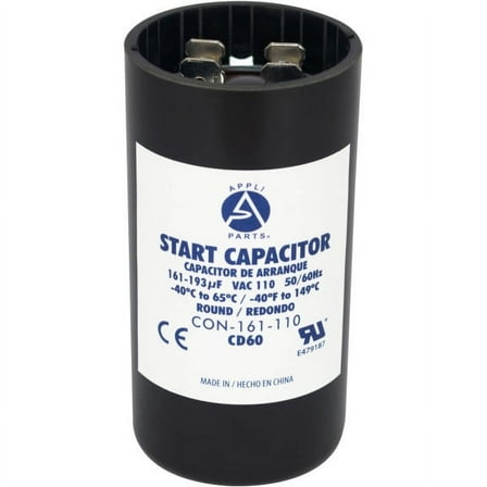 Appli Parts motor start capacitor 161-193 Mfd (microfarads) uF 110-125 VAC universal fit for electric motor applications 1-7/16 in Diameter 2-3/4 in Height CON-161-110