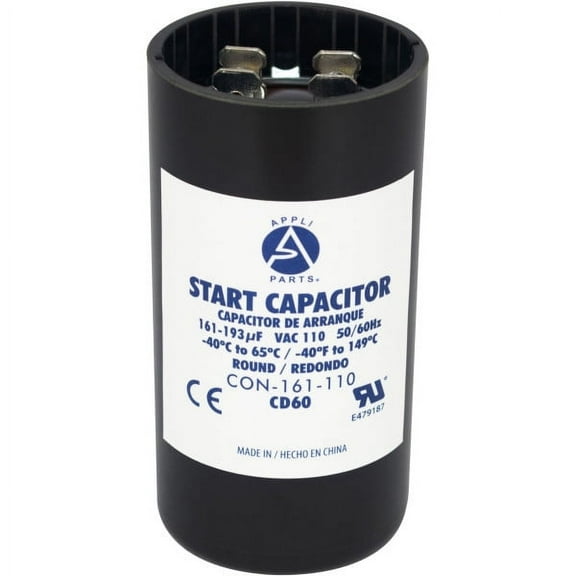 Appli Parts motor start capacitor 161-193 Mfd (microfarads) uF 110-125 VAC universal fit for electric motor applications 1-7/16 in Diameter 2-3/4 in Height CON-161-110