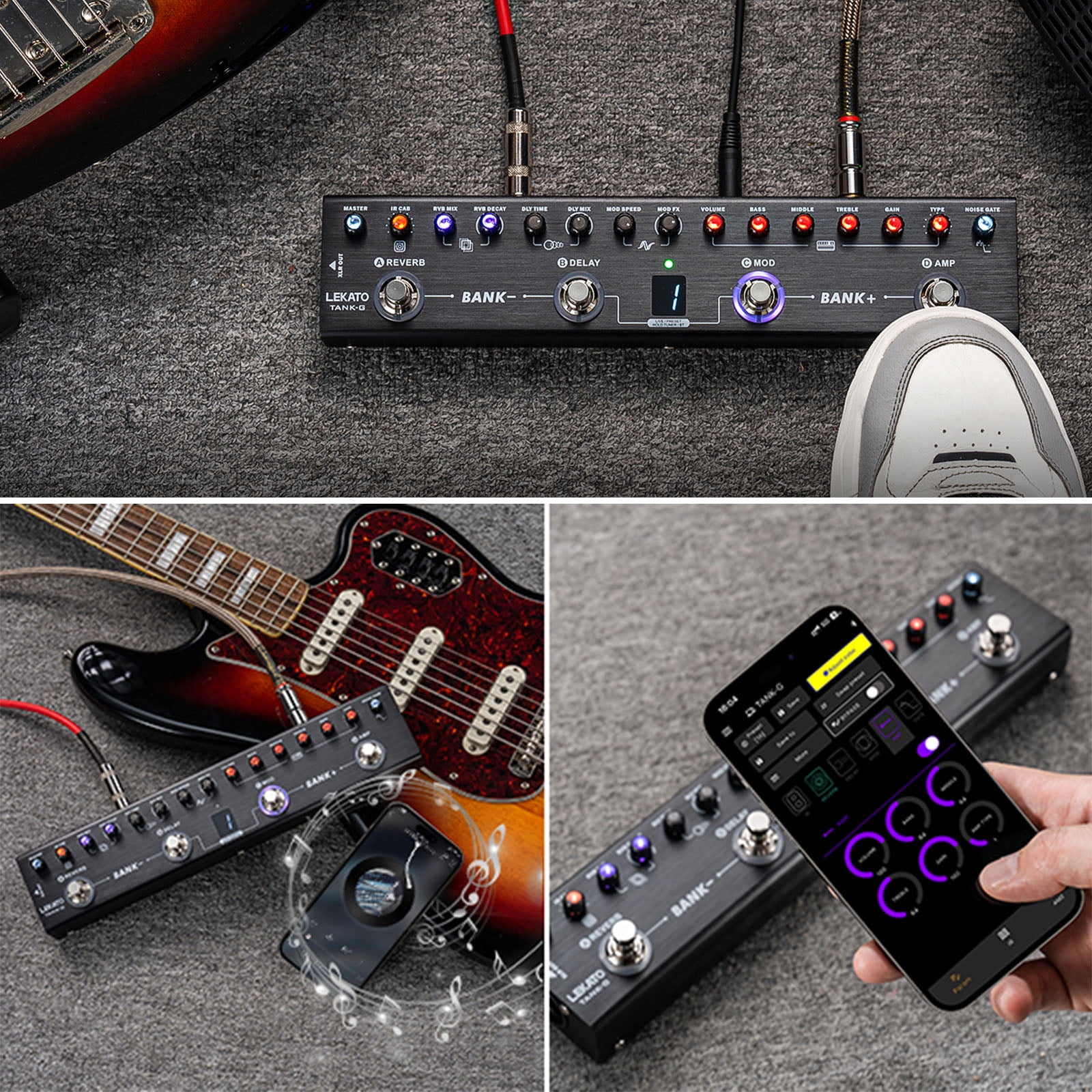 LEKATO Multi Effects Guitar Pedal Guitar Effects Pedal with 36 Presets Editable 4 Modules Amp Chorus Delay Reverb IR CAB Tuner BT Connection Music Recording
