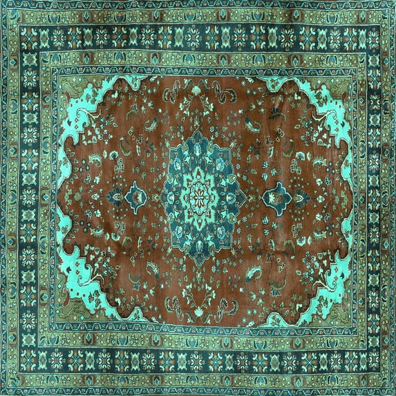 Ahgly Company Indoor Square Medallion Turquoise Blue Traditional Area Rugs, 4' Square