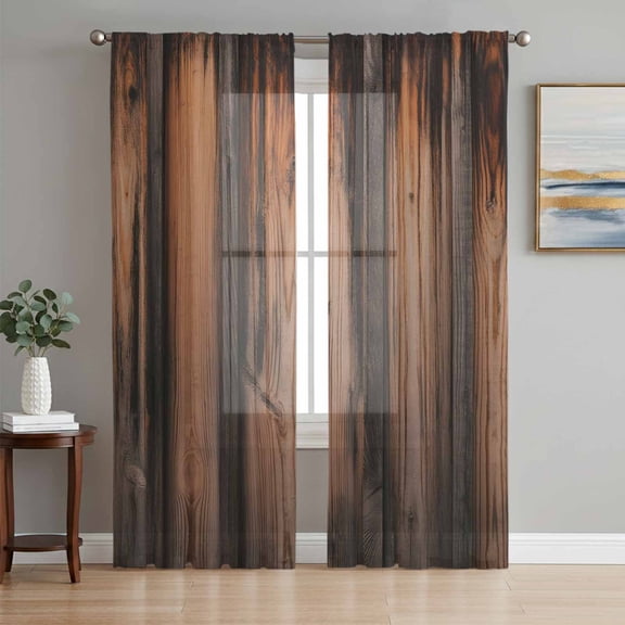Retro Farmhouse Sheer Curtains 63 Inch Length 2 Panels Set, Brown Wooden Grain Cabin Country Plank Voile Window Treatment Rod Pocket Curtains Sheers Drapes for Bedroom/Living Room/Kitchen 52x"63"x2