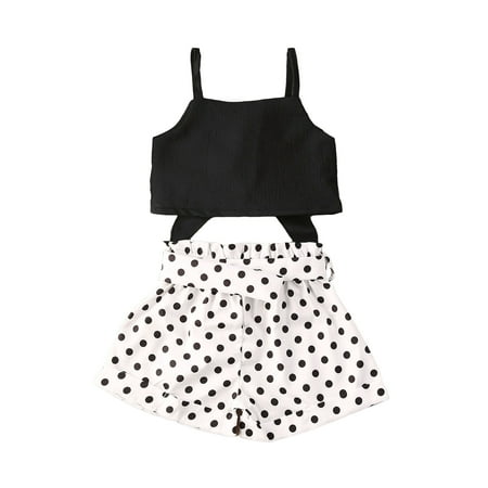 

Fiomva Kids Straps Crop Tops High Waist Polka Dot Shorts with Belt Outfit