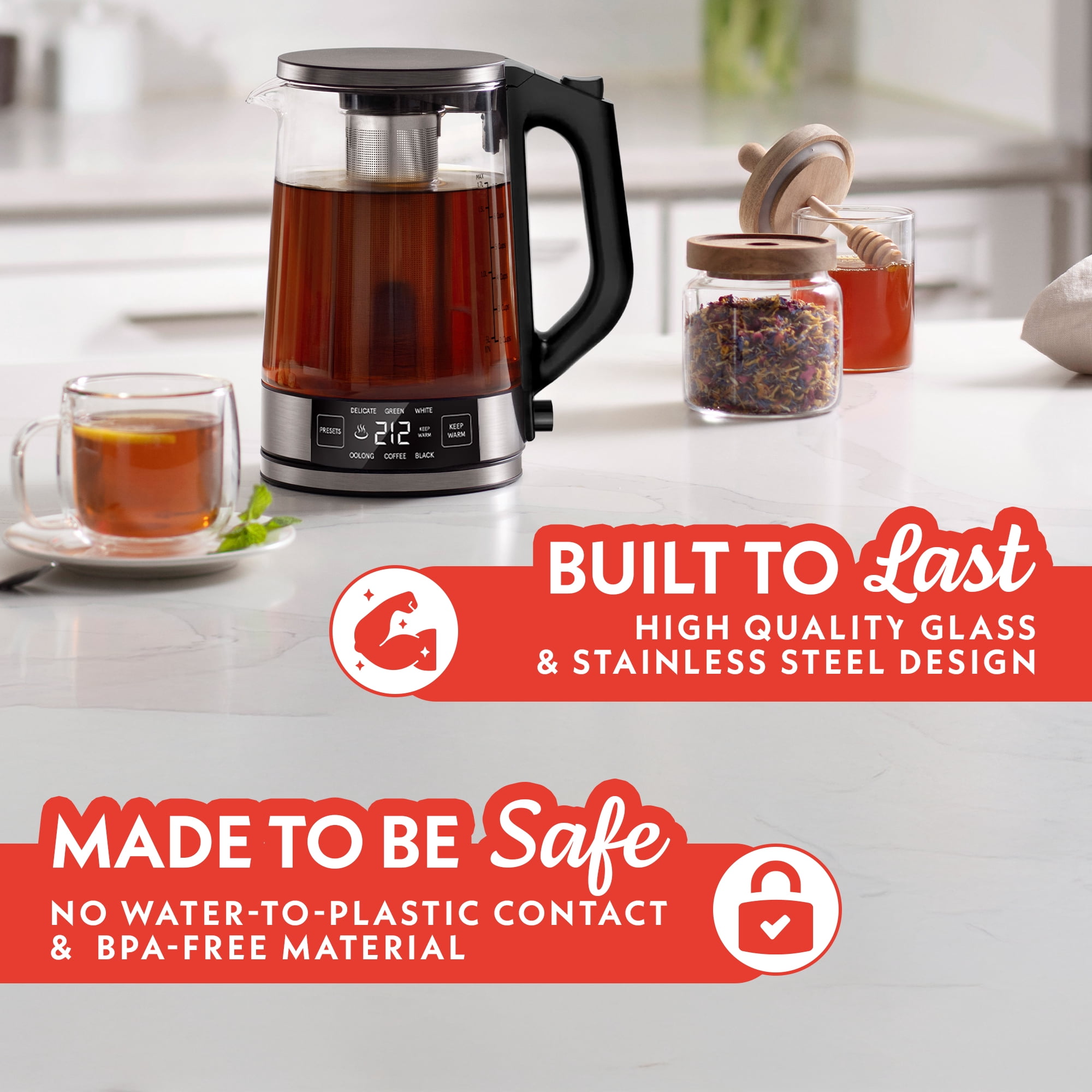 Gourmia 1.7L Programable Glass Kettle with Touch Display, Infuser, Black