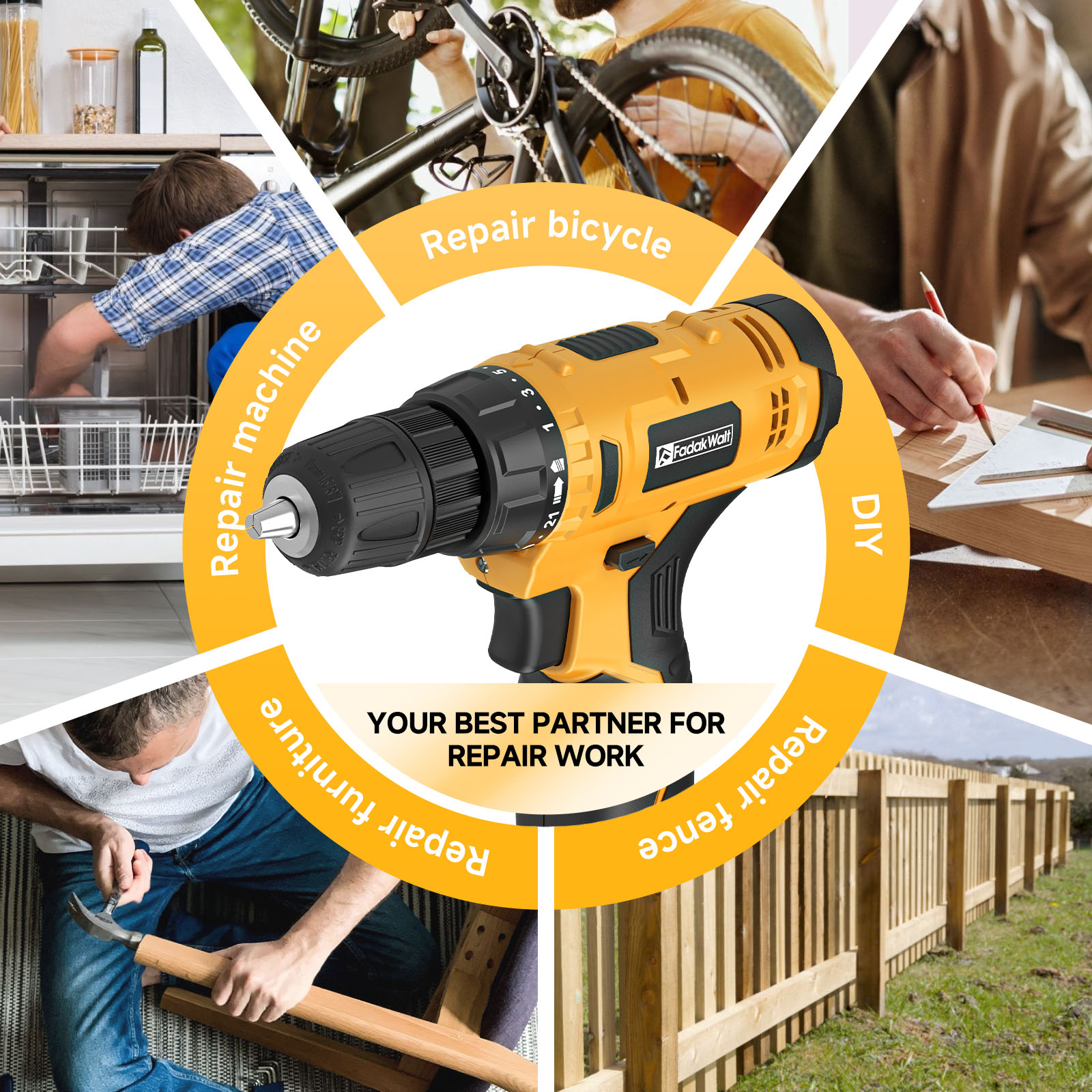Fadakwalt 12V Cordless Drill Driver with Bits, Yellow photo 7