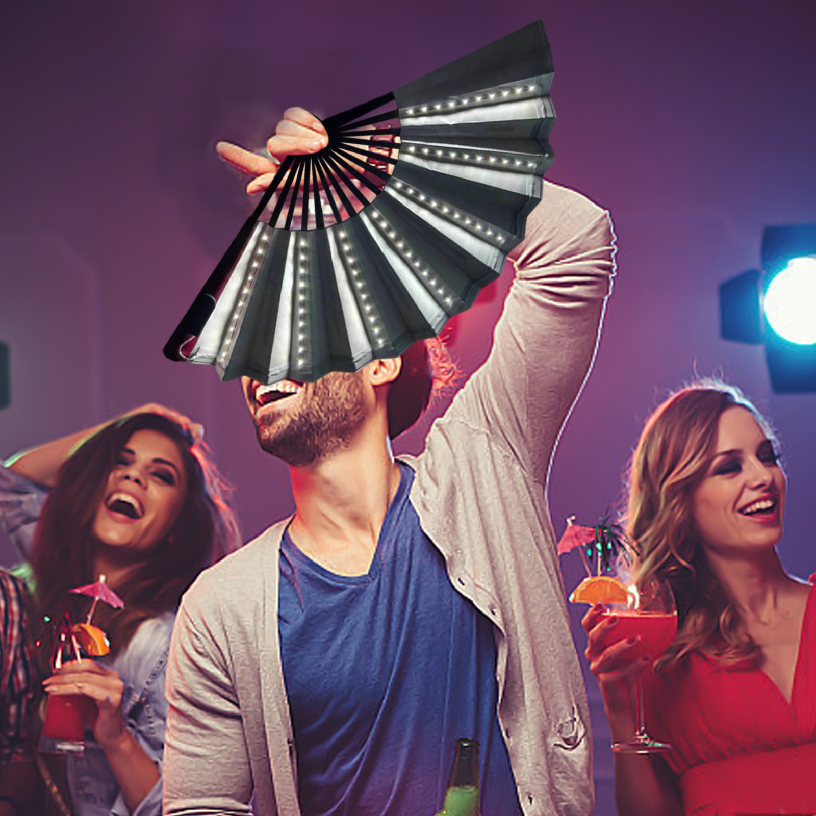 Ventilateur à Main LED – Pliant, 63 Lumières, Batterie Incluse, Pour Festivals, Soirées, Photos, Extérieur