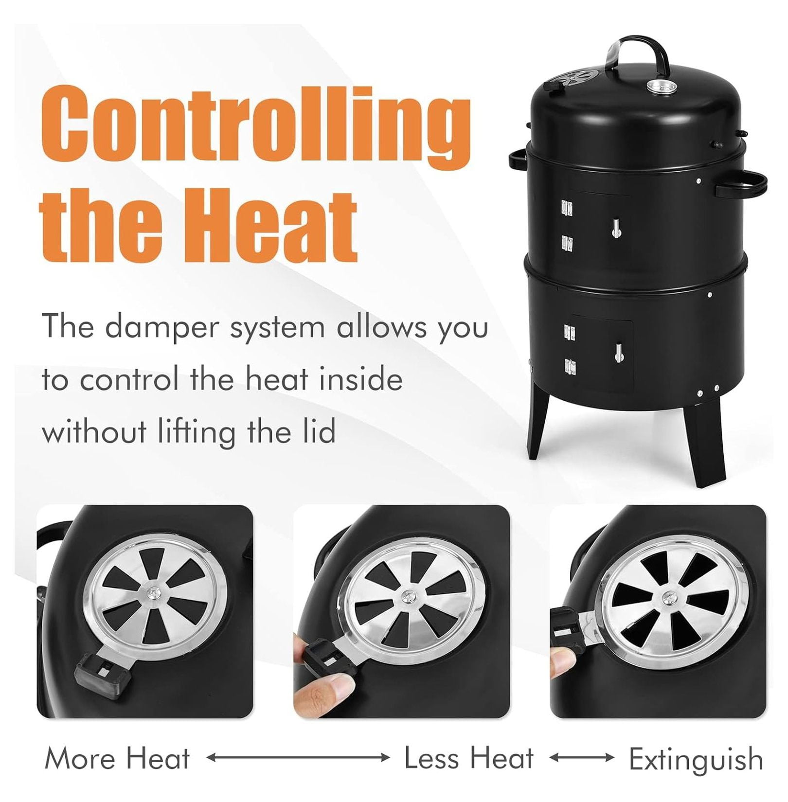 3-in-1 Charcoal Smoker Grill, Outdoor Vertical Charcoal Smoker with Built-in Thermometer & Adjustable Vent System, 2-Layer Separable BBQ Grills for Camping & Family Cooking