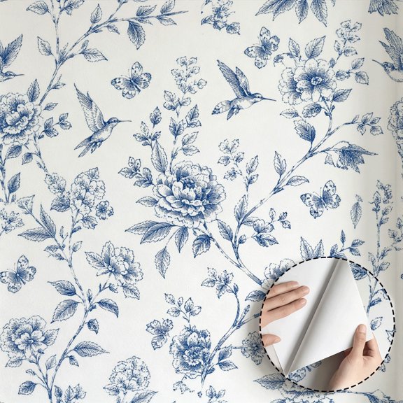 Blue Floral Hummingbird Butterfly Wallpaper Vintage Farmhouse Peel and Stick Wallpaper Waterproof Wall Decoration for Living Room Bedroom Kitchen Cabinet Drawer 17.7 * 78.5 in