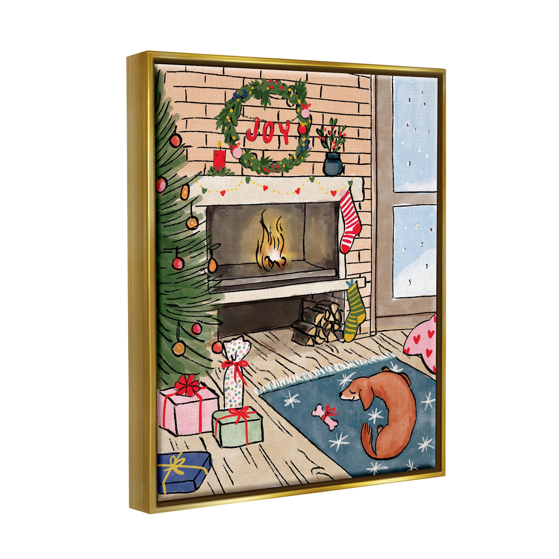 Cozy Christmas Fireplace Tree Holiday Graphic Art Metallic Gold Framed Art Print Wall Art