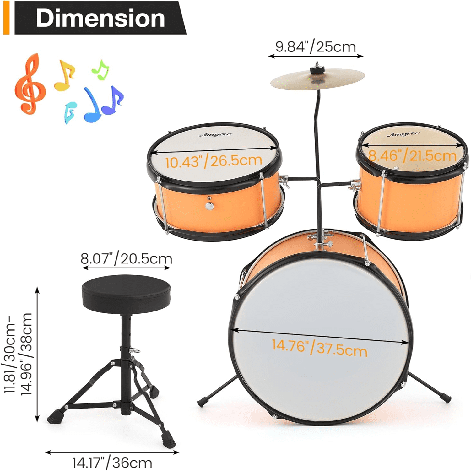 Drum Set for Kids Beginner Set with Bass, 2 Toms, Cymbal, Sticks, Bass Pedal and Stool Percussion Musical Instrument Birthday Playsetl