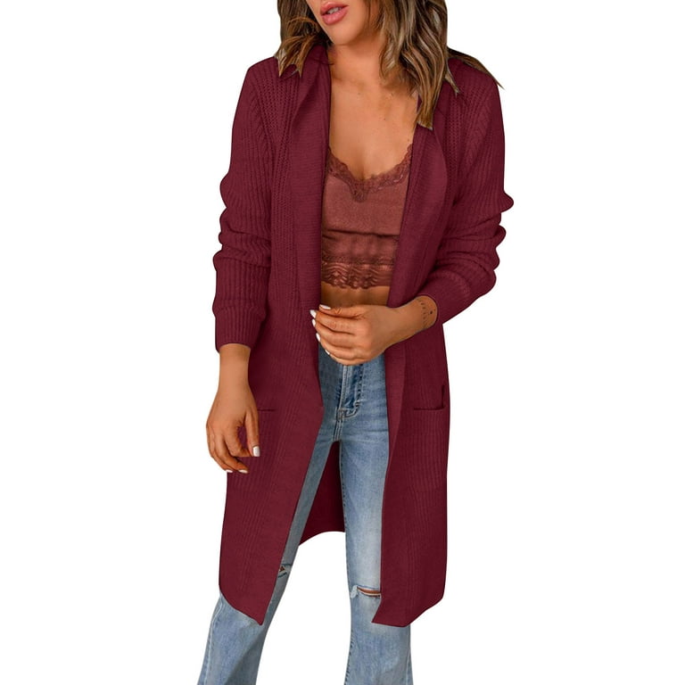 JDEFEG Soft Sweaters for Women Women Long Sleeve Solid Hooded Jacket Pocket  Buttonless Knit Casual Cardigan Women S Cardigan Sweatshirt Polyester Red