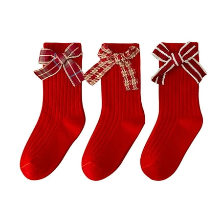 

Children Socks Autumn Winter Festive Bow Socks Double Needle Double Road Socks For Girls Baby Socks 3 Pairs New Year Toddler Boy Girl Socks
