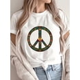 thumbnail image 1 of 1pc Bohemian Peace Sign Print T-Shirt, Casual Round Neck Short Sleeve Top, Cotton Knit Fabric, Geometric Pattern, Regular Length, All Seasons, 1 of 6