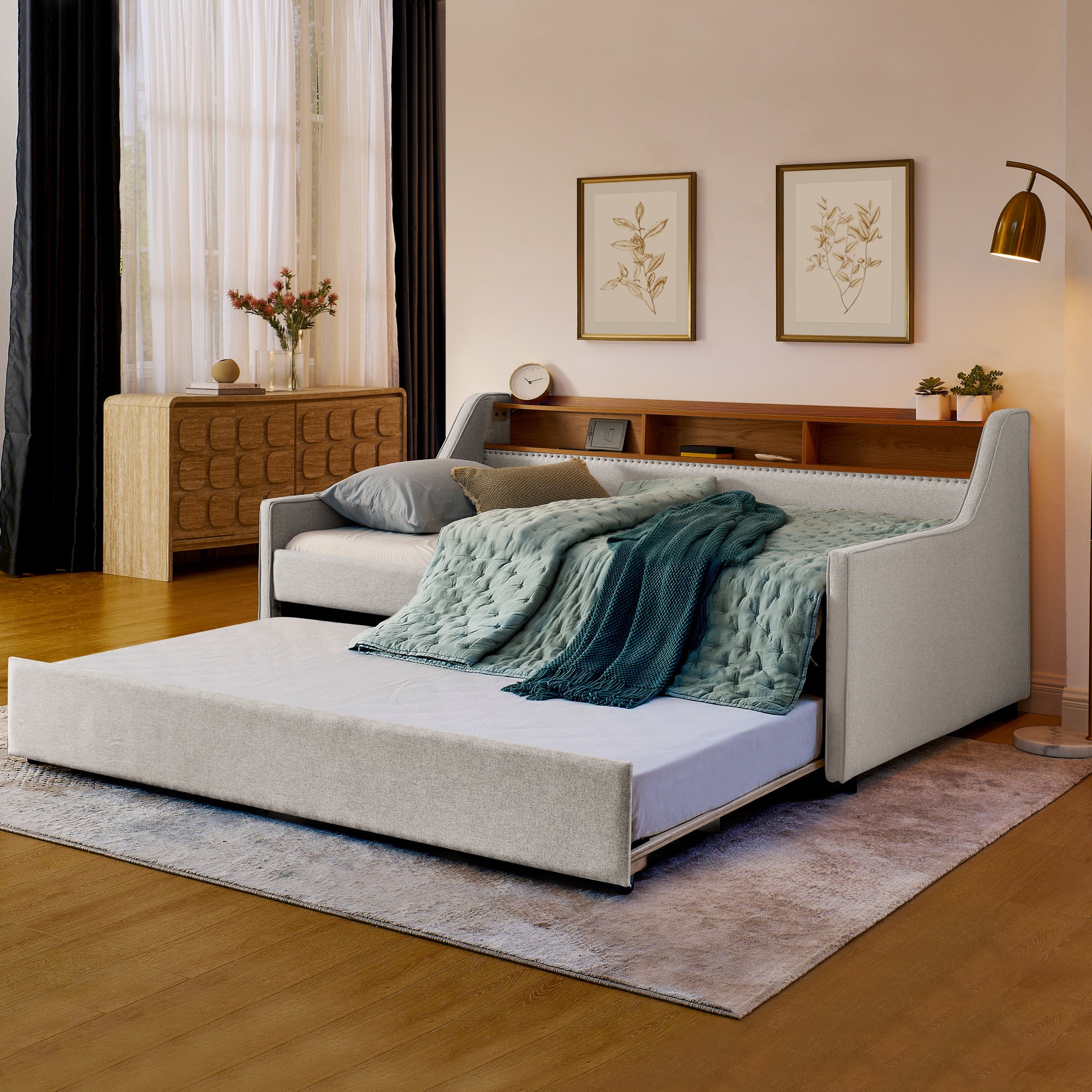 Leumius Twin Size Upholstered Daybed with Trundle,Comfy Sofa Bed with LED Lights,Wireless Charging,Storage Adjustable Headboard,Beige