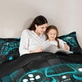 thumbnail image 4 of Manfei Gaming Twin Bedding Sets 7pcs,Geometric Plaid Bedding Comforter Set 7pcs,Gradent Cyan Black Sheet Sets For Boy,Microfiber Room Decor Reversible, 4 of 7