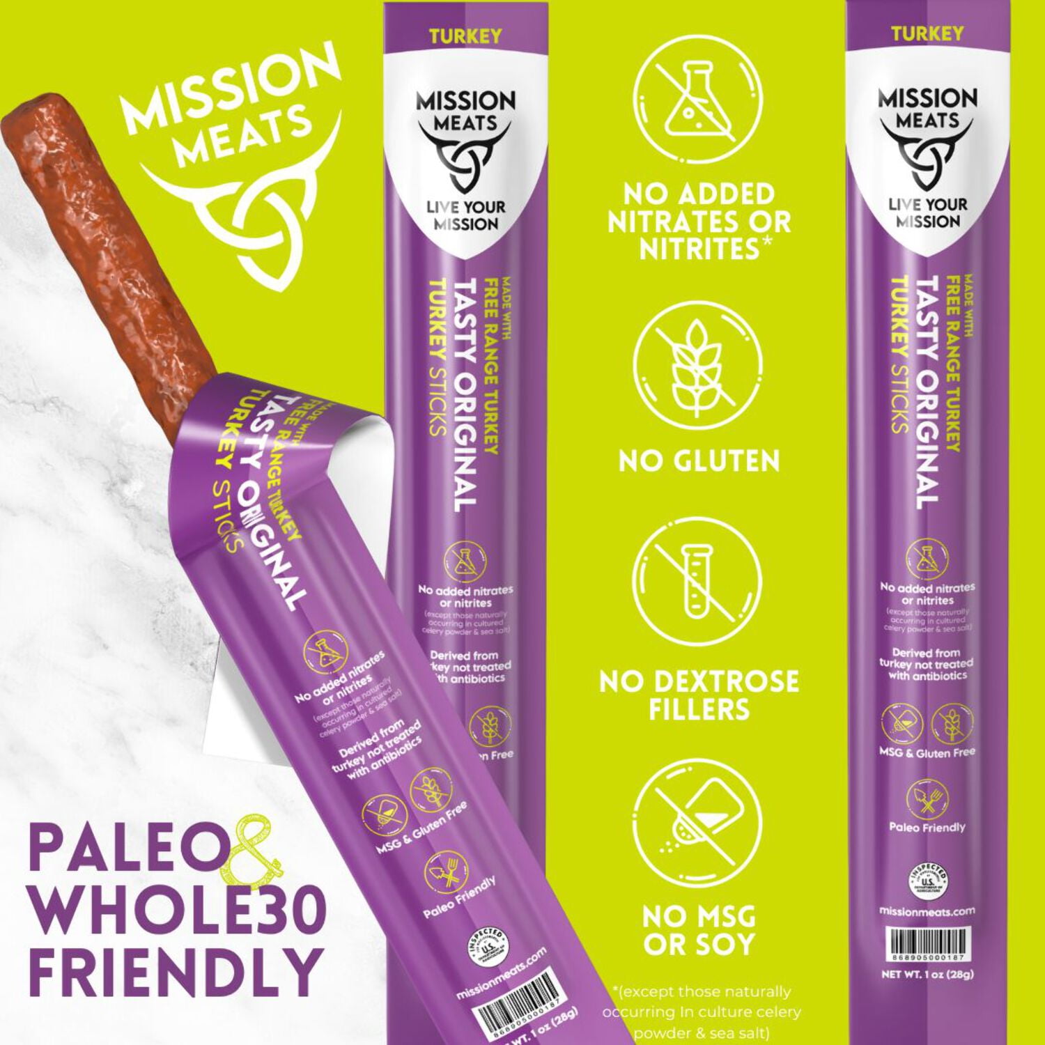 Mission Meats Turkey Sticks, 100% Free Range Turkey Jerky, Zero Sugar, Delicious Healthy Snacks, 9g Protein, Individually Wrapped, Gluten Free, Original 1oz (12ct)